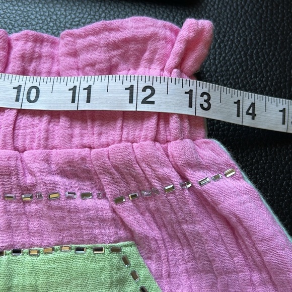 QUEEN OF SPARKLE Rhinestone Gauze Short Pink Green Pockets Pull On Sz S - Picture 10 of 11